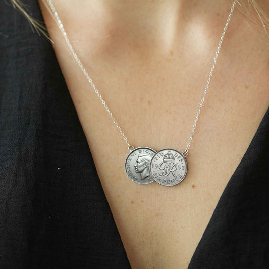 Rare George VI 1952 Sixpence Double Coin Necklace | Silver