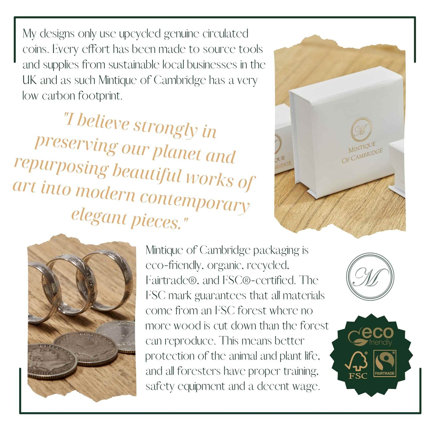 Mintique of Cambridge packaging with eco-friendly and FSC-certified branding, featuring coins and a box on a wooden surface.