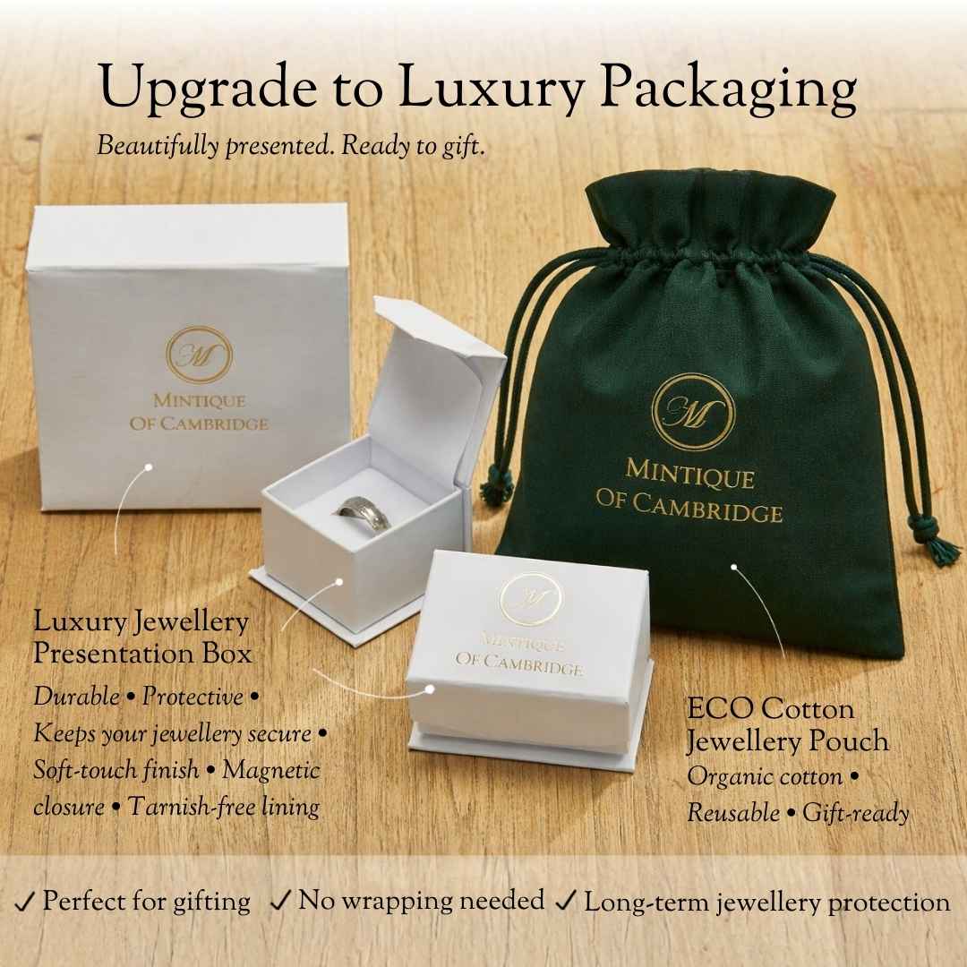 Luxury jewellery packaging set with Mintique of Cambridge branding on a wooden surface.
