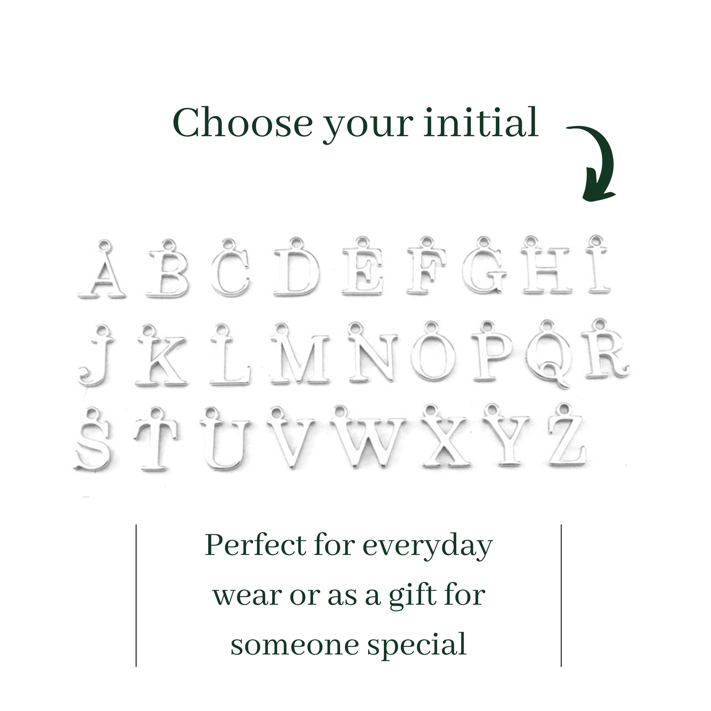 Sterling silver alphabetical letters initials displayed on a white background with text inviting users to choose an initial.