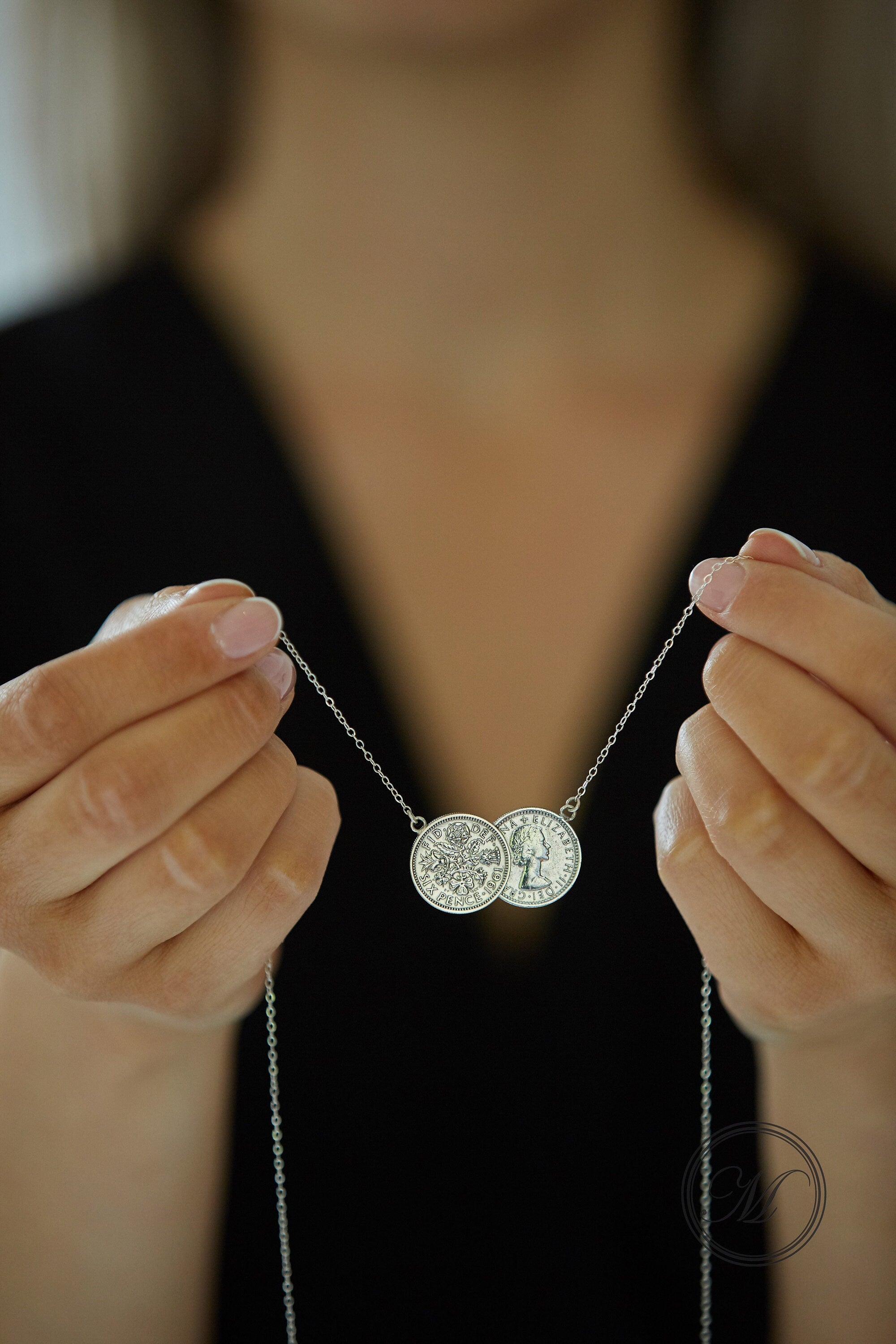 Queen Elizabeth 2nd Sixpence Double Coin Necklace, sterling silver