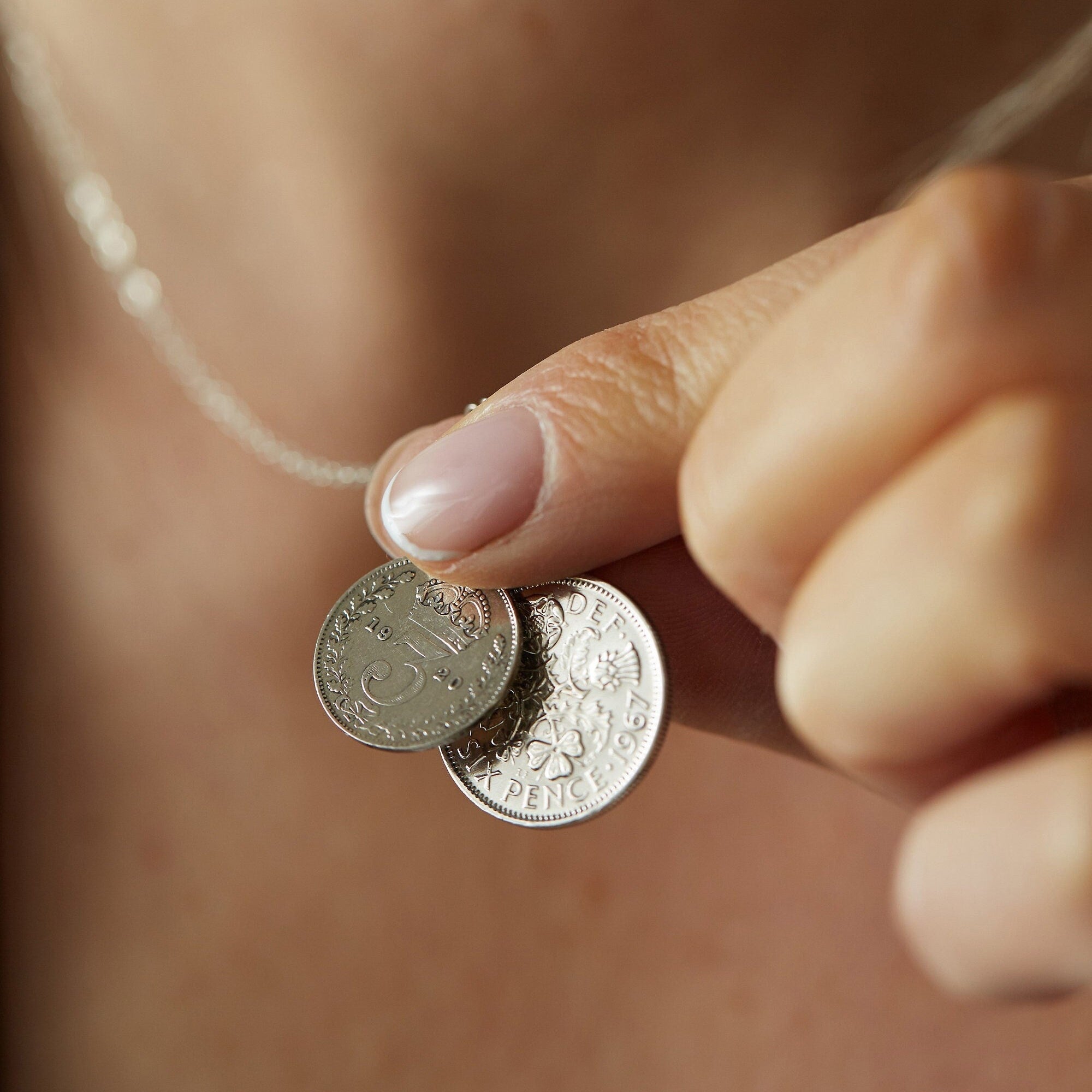 Layering Sixpence and Threepenny Coin Necklace, Sterling silver