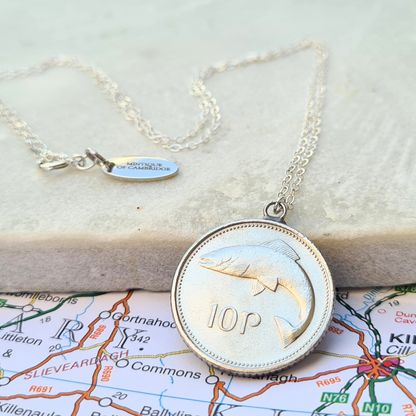 Silver necklace with an Irish 10p (Salmon) coin pendant on a map background