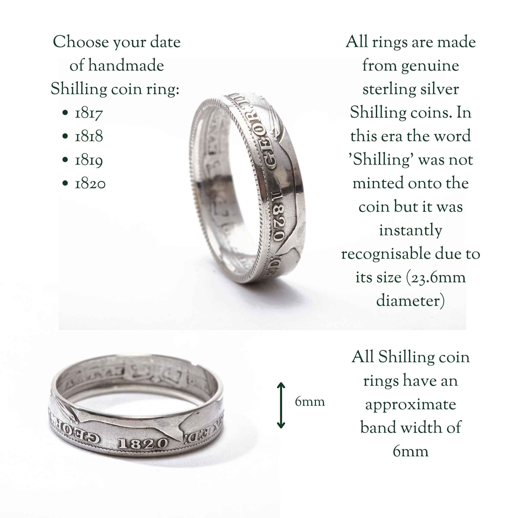 Two silver Shilling coin rings with text explaining their history and dimensions on a white background.