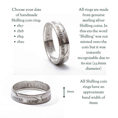 Two silver Shilling coin rings with text explaining their history and dimensions on a white background.