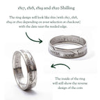 Silver shilling ring with engraved 1820 date design on a white background