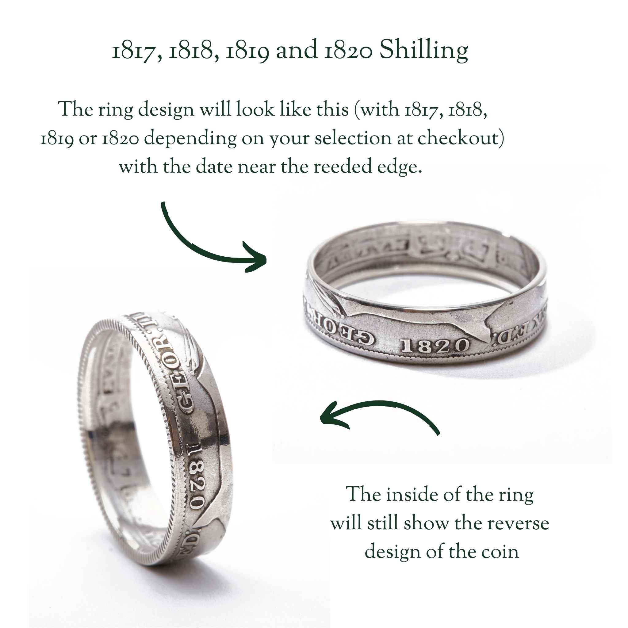 Silver shilling ring with engraved 1820 date design on a white background