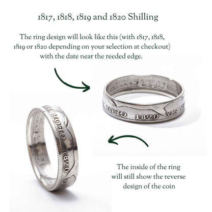 Silver shilling ring with engraved 1820 date design on a white background