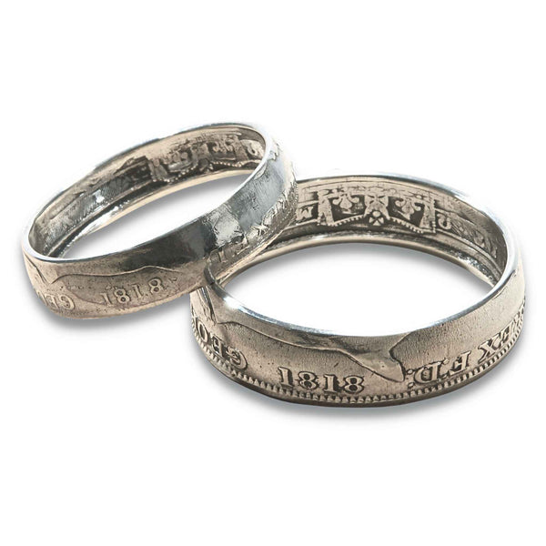 Sterling Silver Wedding Ring Set | Rare 1818 British Shilling & Sixpence Coins