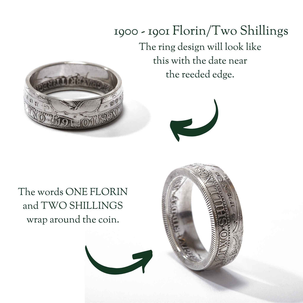 Silver coin ring with text '1900 - 1901 Florin/Two Shillings' on a white background
