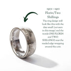 Silver ring with coin design on a white background