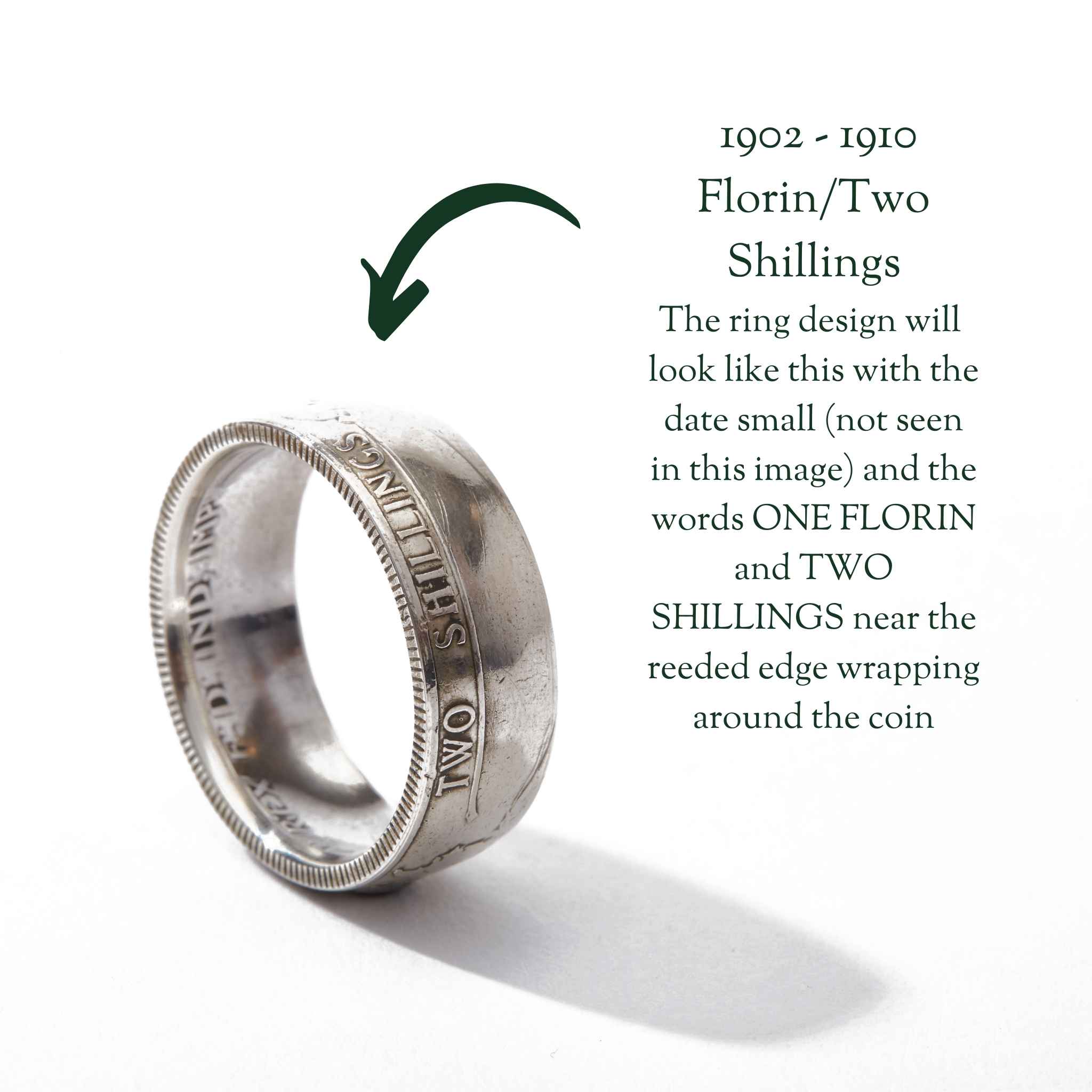 Silver ring with coin design on a white background