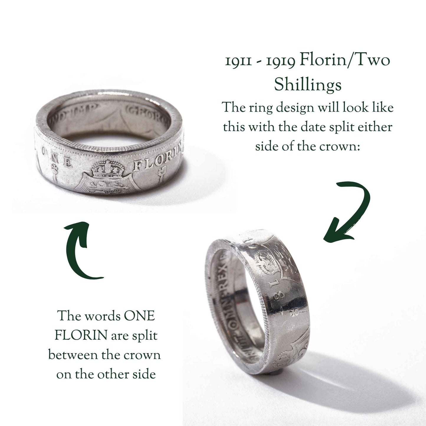 British Florin/Two Shilling Sterling Silver Coin Ring