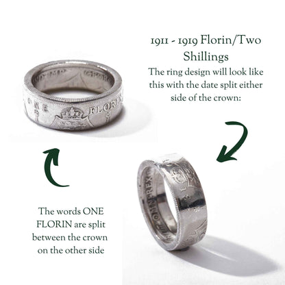 British Florin/Two Shilling Sterling Silver Coin Ring