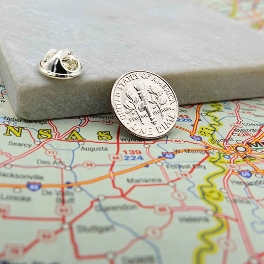 American Dime silver coin lapel pin with a map of the United States in the background