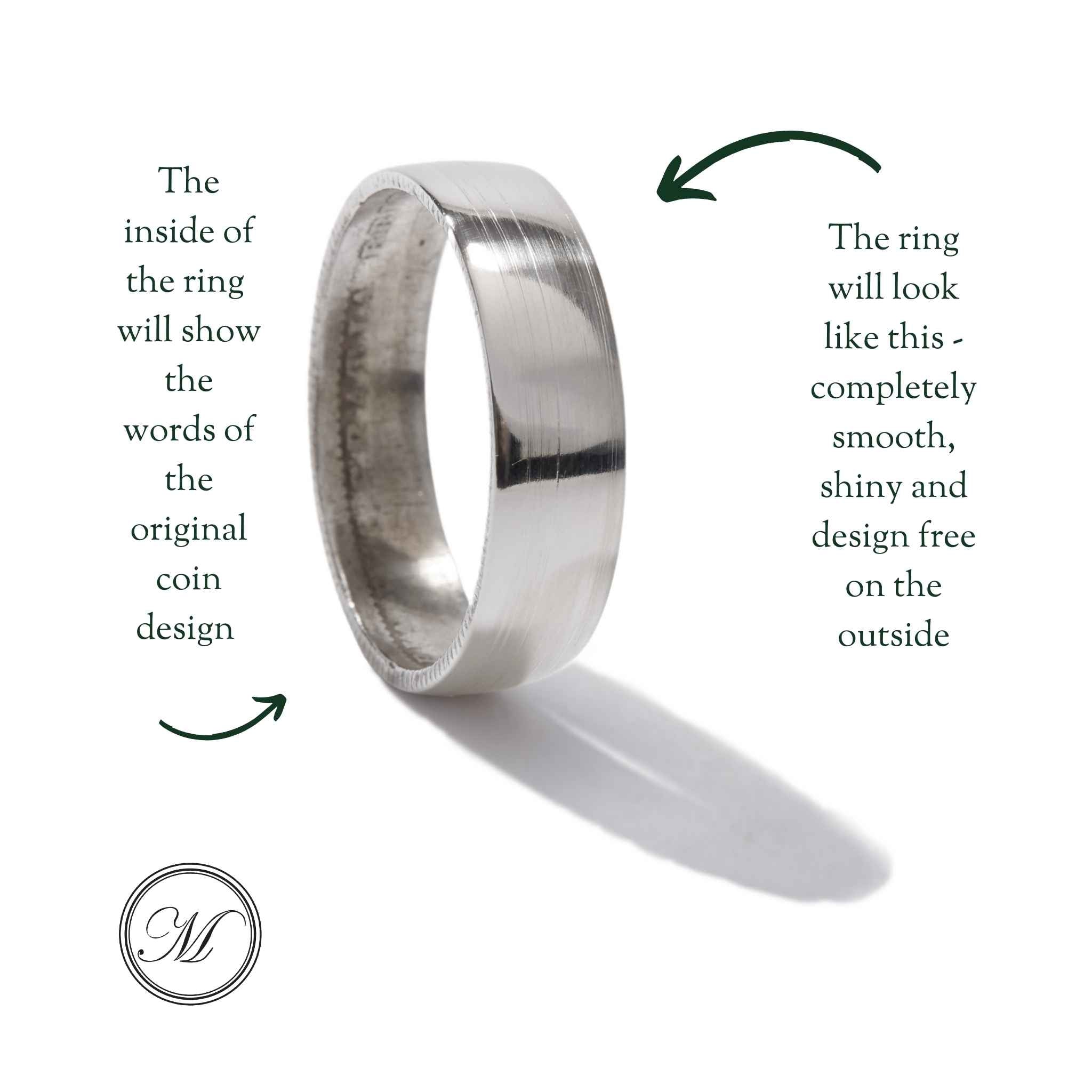 Sterling Silver Shilling Coin Ring - Smooth Outer, Detail Inner