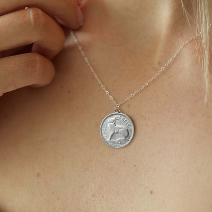 Silver coin Irish threepence (hare) coin necklace worn by a person