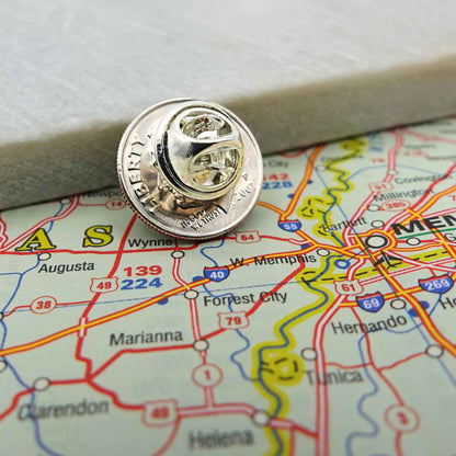 American Dime silver coin lapel pin (reverse with clip) with a map of the United States in the background