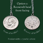 Two sides of a Roosevelt dime necklace on a green background