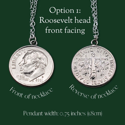 Two sides of a Roosevelt dime necklace on a green background