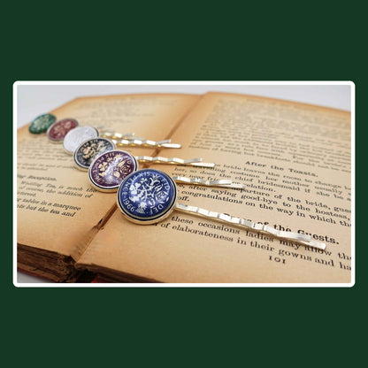 Silver plated hair slides with coloured enamel British sixpence coin design on a book