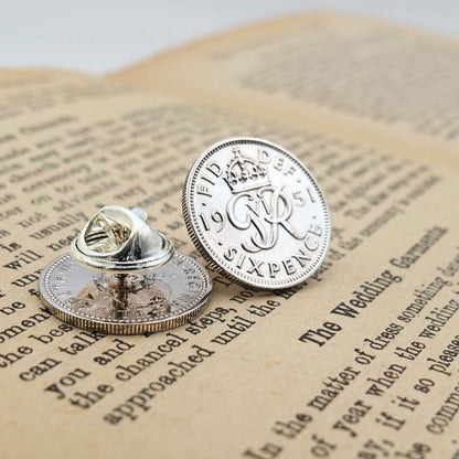 Two british sixpence coin lapel pins showing King George 6th mint design