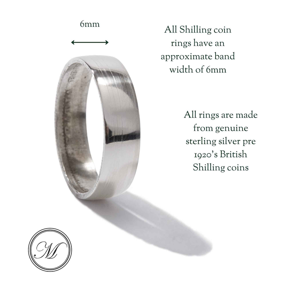 Sterling Silver Shilling Coin Ring - Smooth Outer, Detail Inner