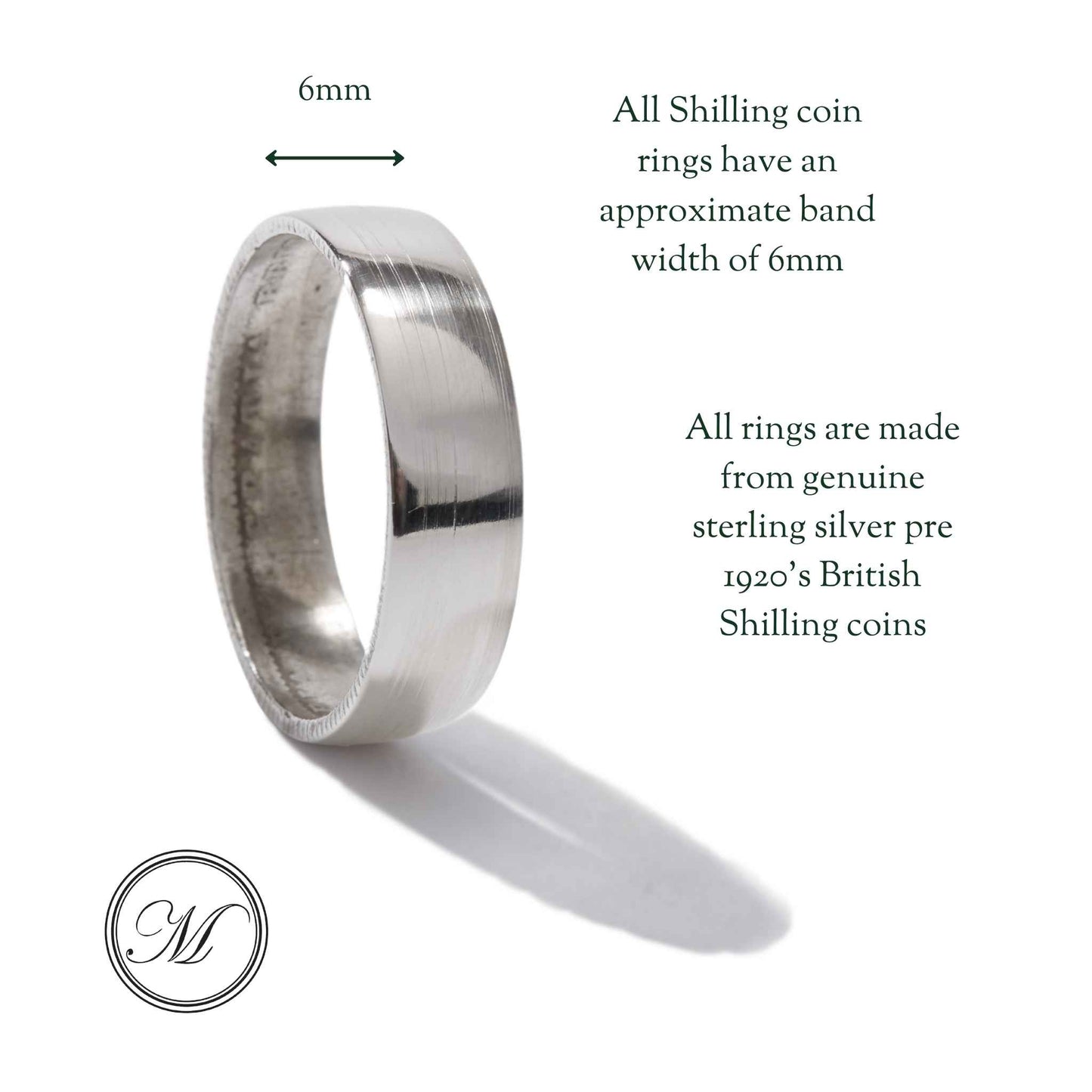 Sterling Silver Shilling Coin Ring - Smooth Outer, Detail Inner