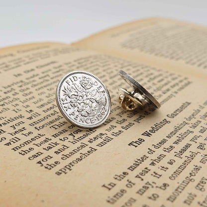 Two british sixpence coin lapel pins showing Queen Elizabeth 2nd mint design