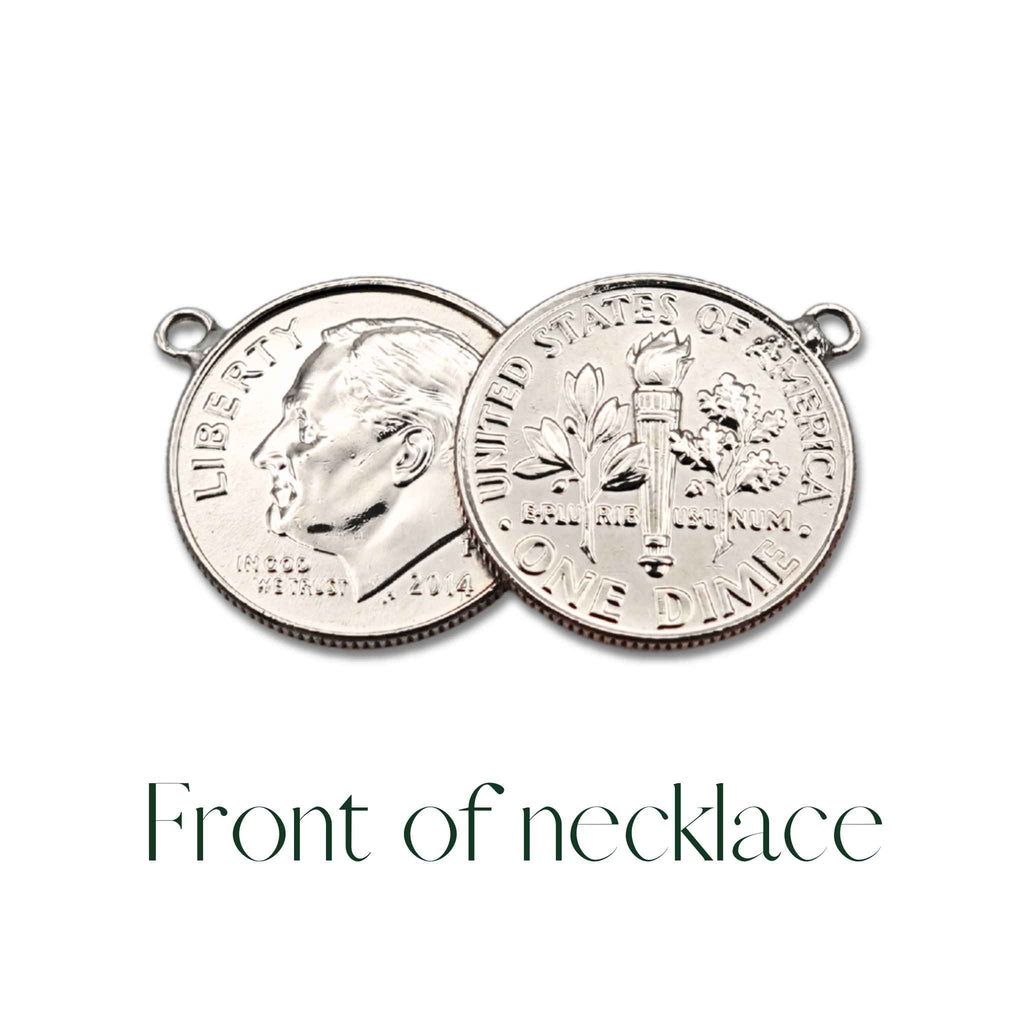 Double coin pendant with two American Dime coins showing front of necklace design
