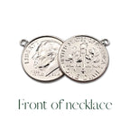 Double coin pendant with two American Dime coins showing front of necklace design