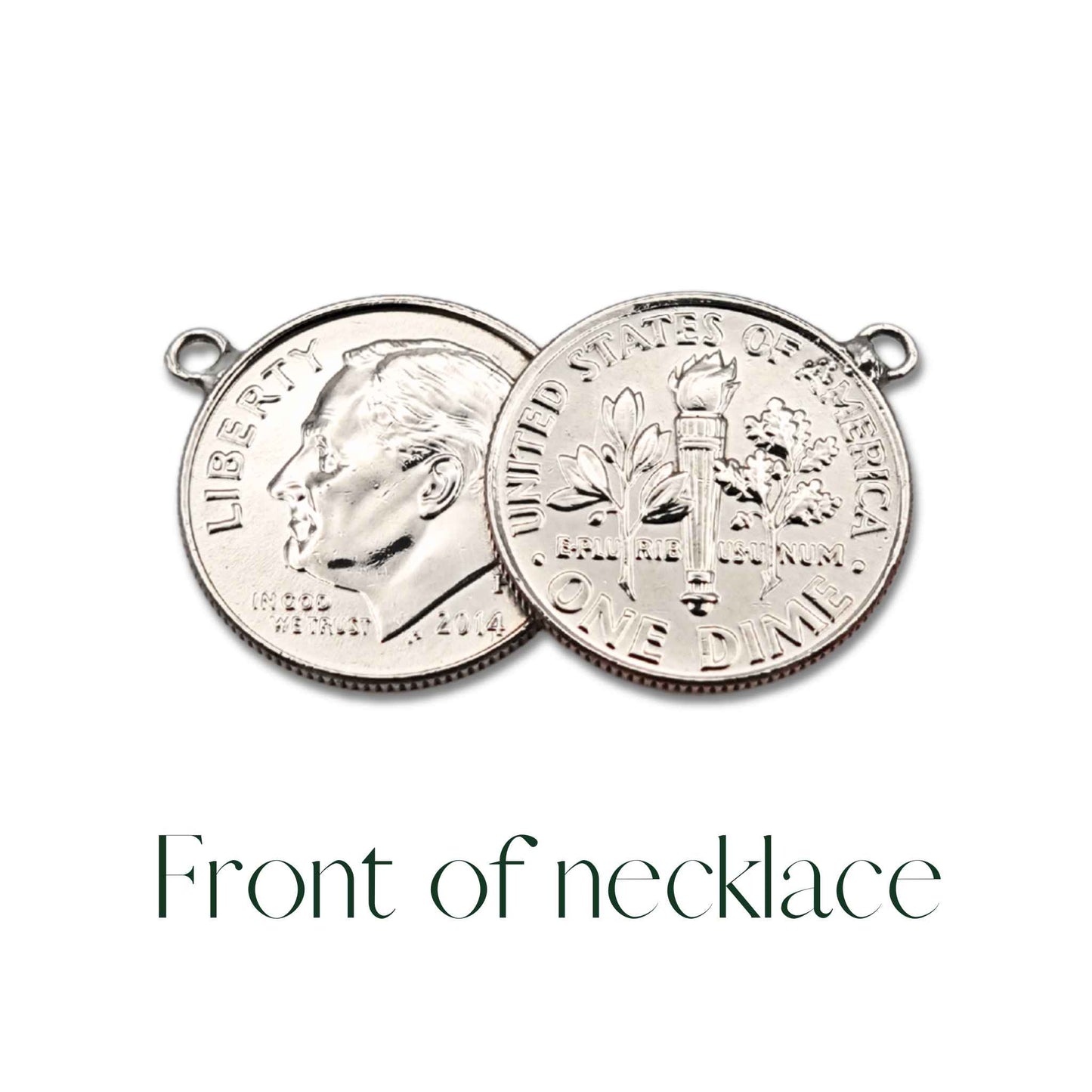 Double coin pendant with two American Dime coins showing front of necklace design