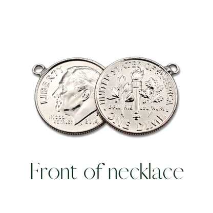 Double coin pendant with two American Dime coins showing front of necklace design