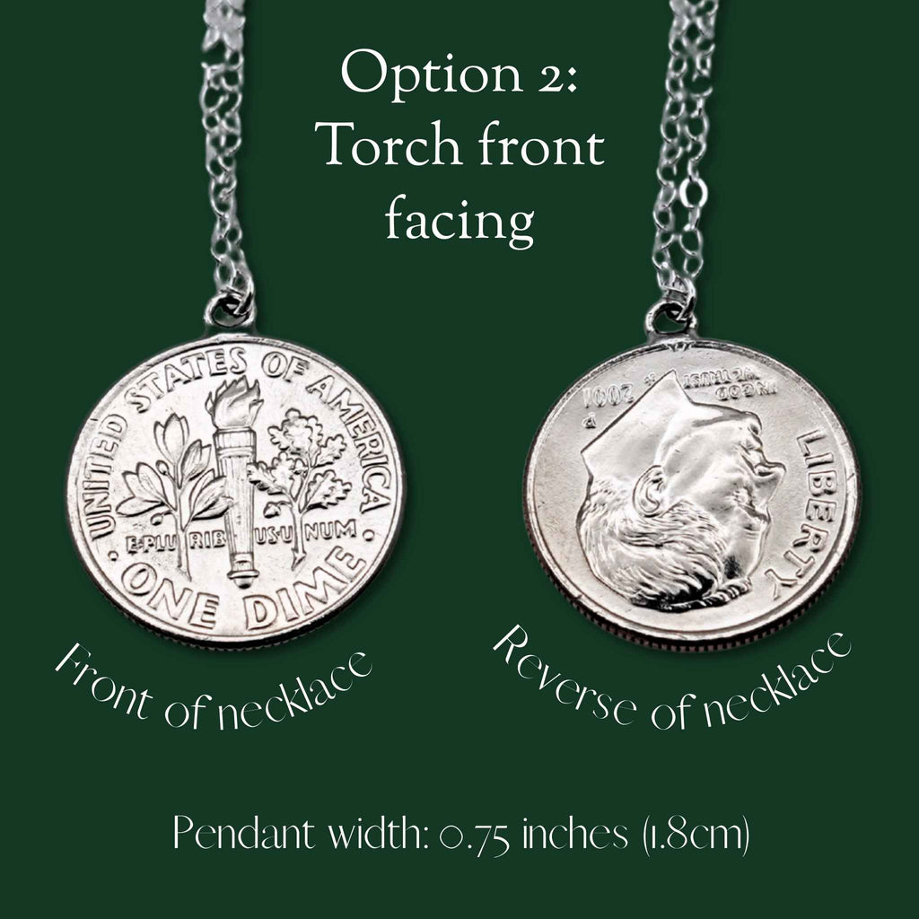 Two sides of a dime necklace on a green background with text indicating front and reverse.