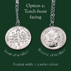 Two sides of a dime necklace on a green background with text indicating front and reverse.