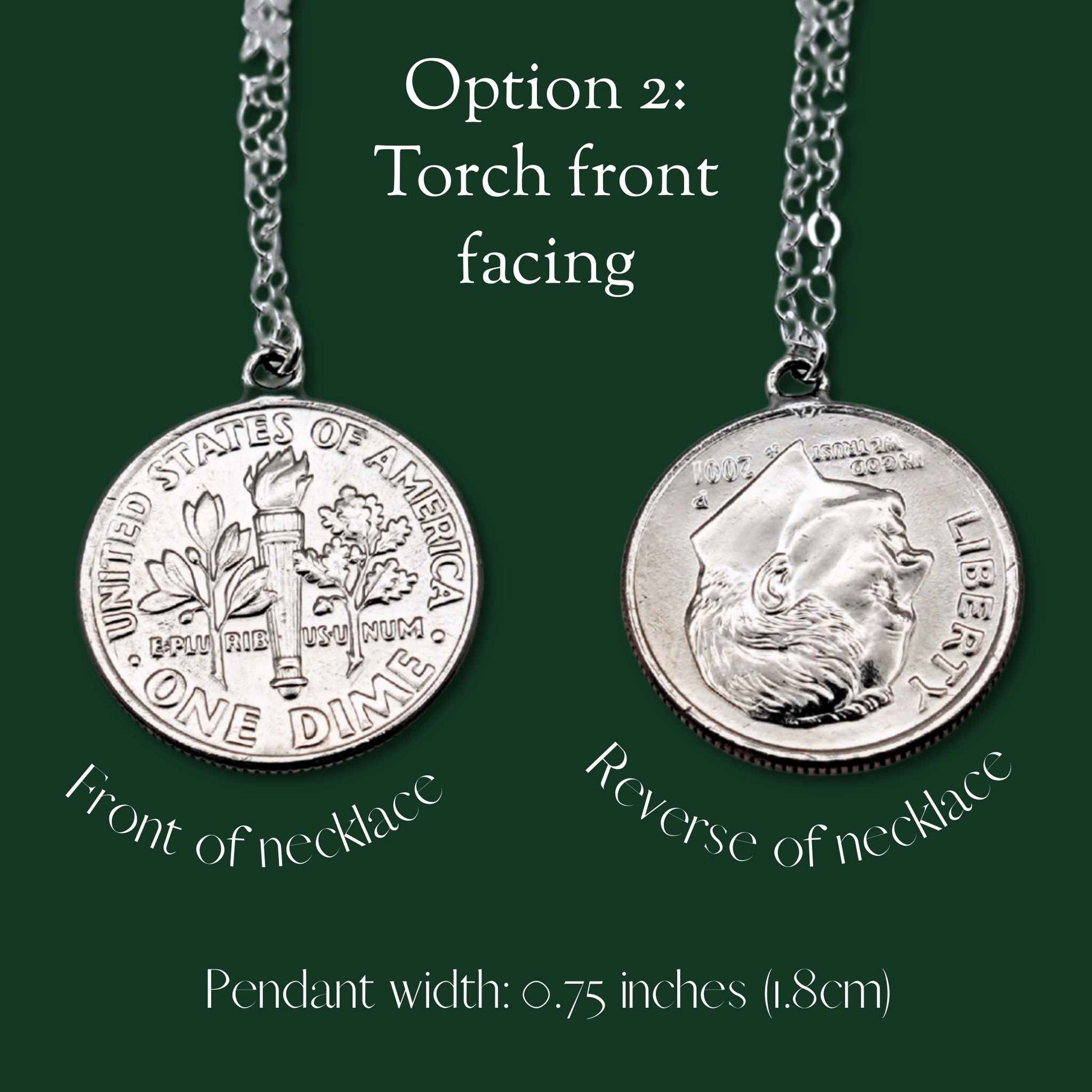 Two sides of a dime necklace on a green background with text indicating front and reverse.