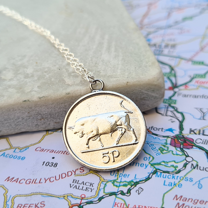 Silver coin pendant of Irish 5p coin necklace on a map background