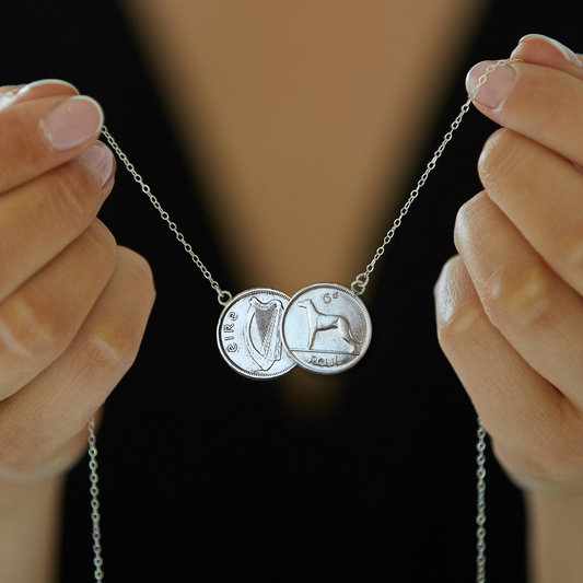 Lucky Irish Sixpence Coin with Wolfhound Dog Pendant, Unique Two Coin Necklace on Sterling Silver Chain
