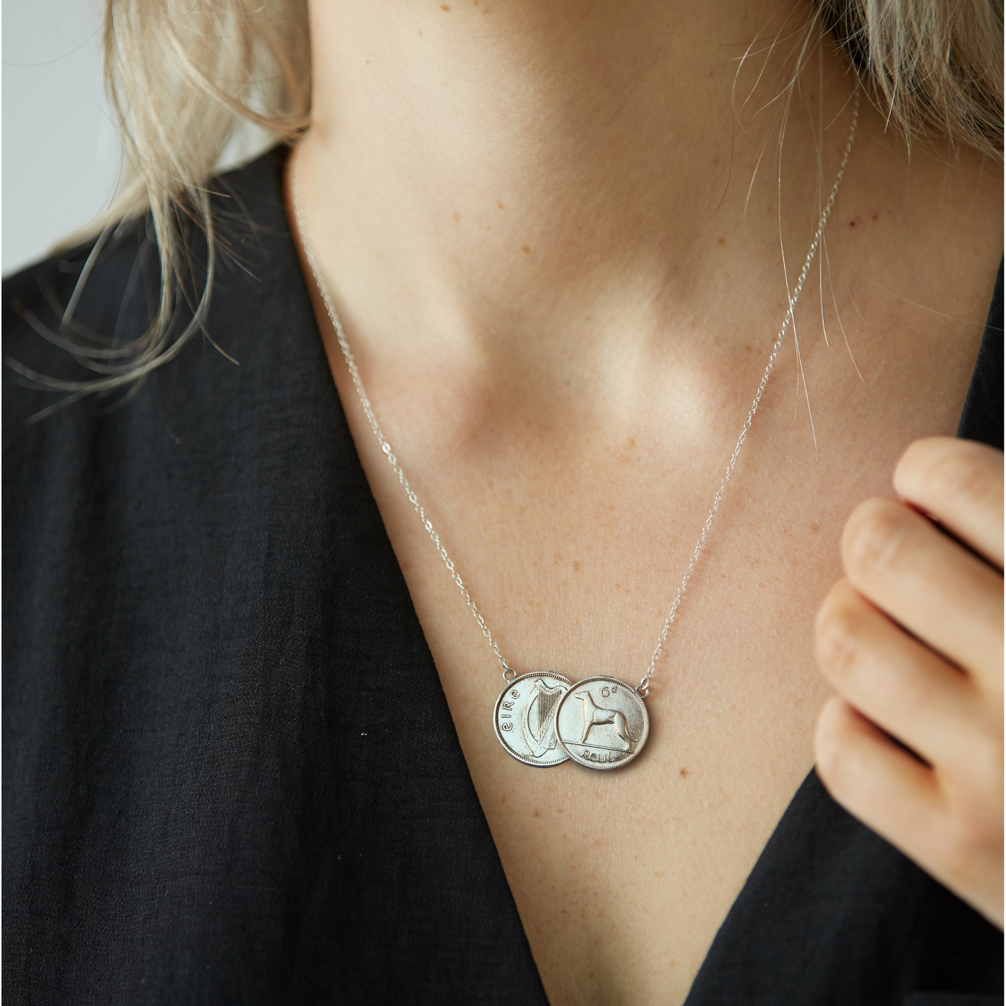 Lucky Irish Sixpence Coin with Wolfhound Dog Pendant, Unique Two Coin Necklace on Sterling Silver Chain