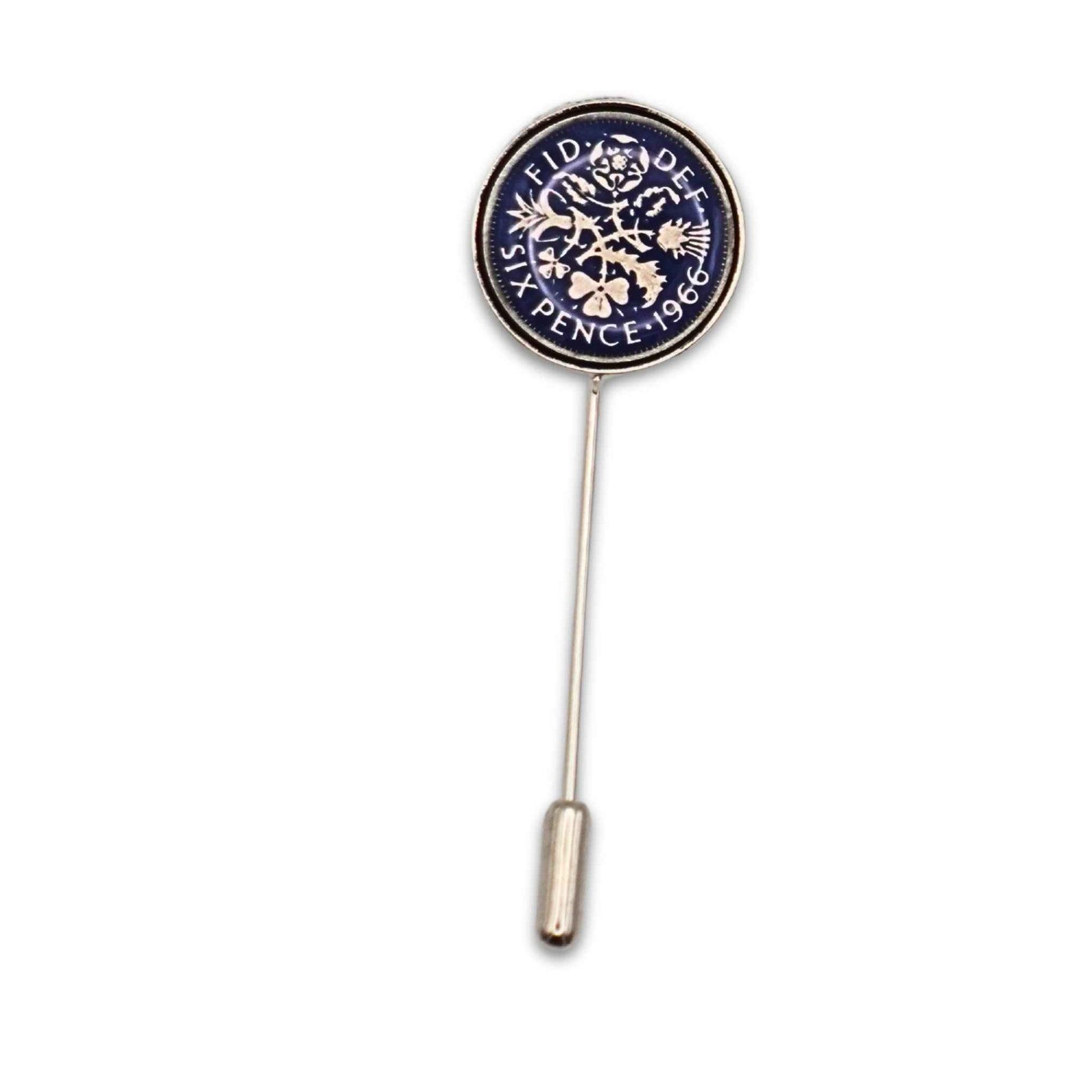 British Queen Elizabeth 2nd sixpence coin blue enamel silver plated tie pin.