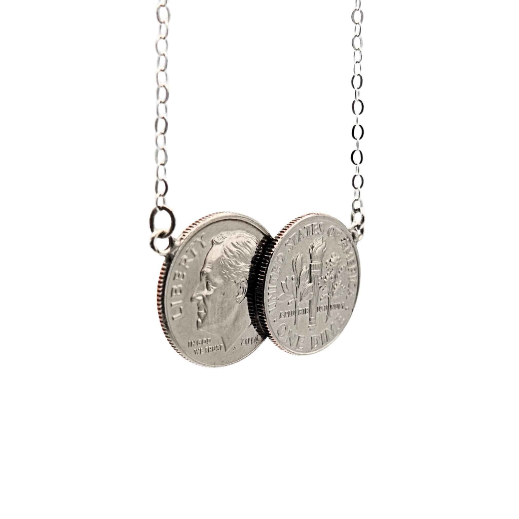US Dime two coin necklace with sterling silver chain in a white background