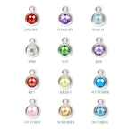 Birthstone pendants with colored gemstones for each month of the year on a white background