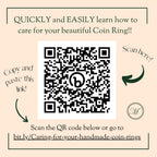 QR code for learning how to care for a coin ring on a beige background with text.