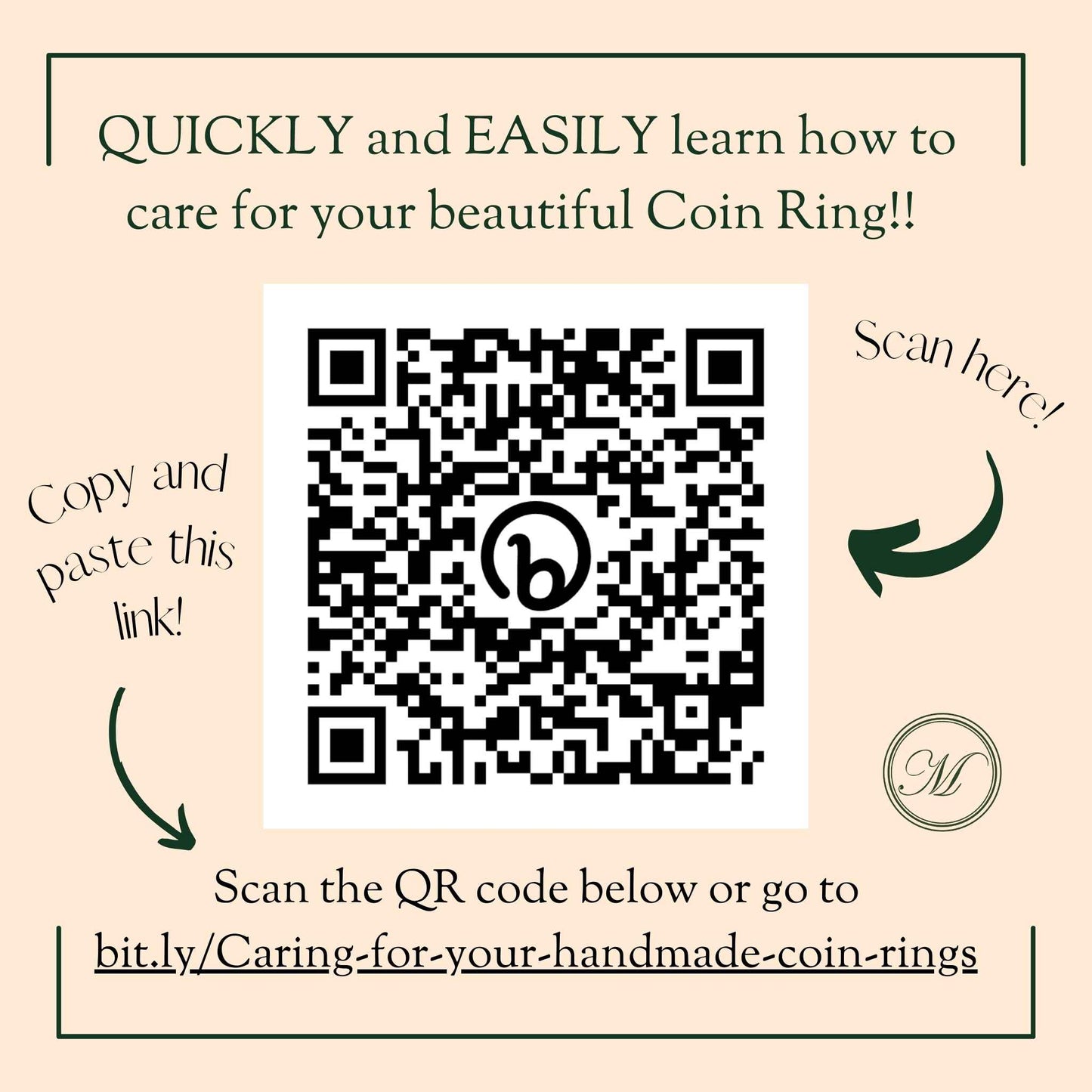 QR code for learning how to care for a coin ring on a beige background with text.