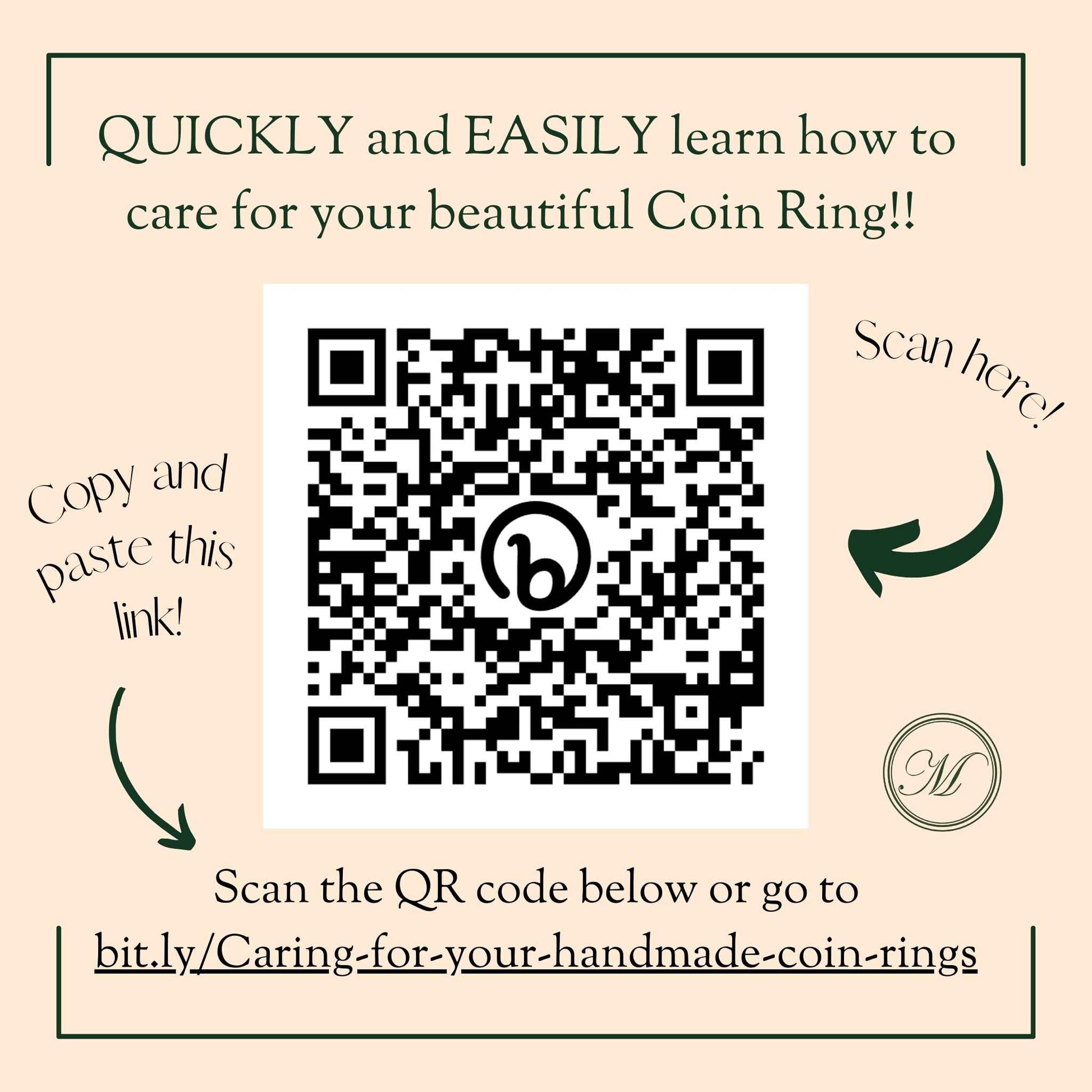 QR code for learning how to care for a coin ring on a beige background with text.