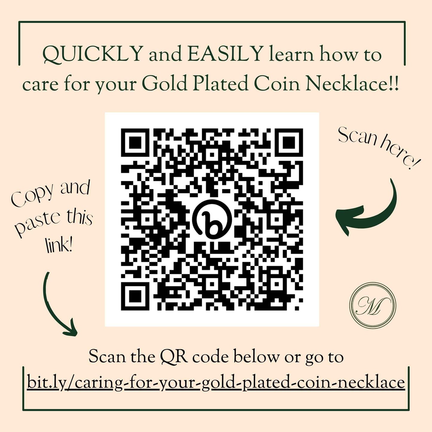 QR code for learning how to care for a gold-plated coin necklace on a beige background