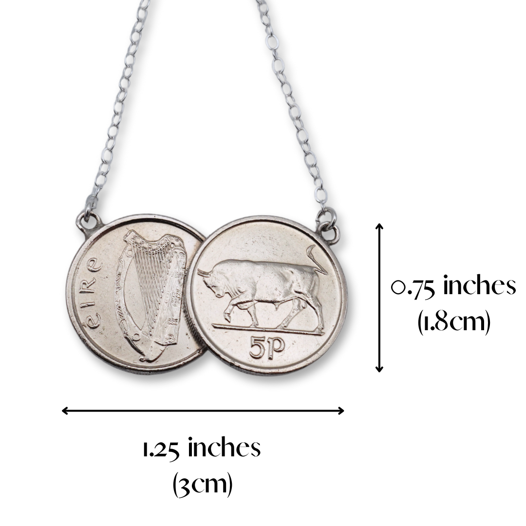 Silver necklace with pendant made of two Irish 5p coins on a white background