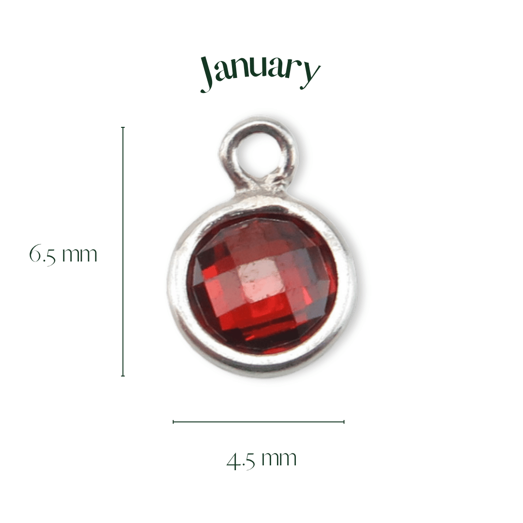 Silver pendant with a red gemstone labeled 'January' on a white background
