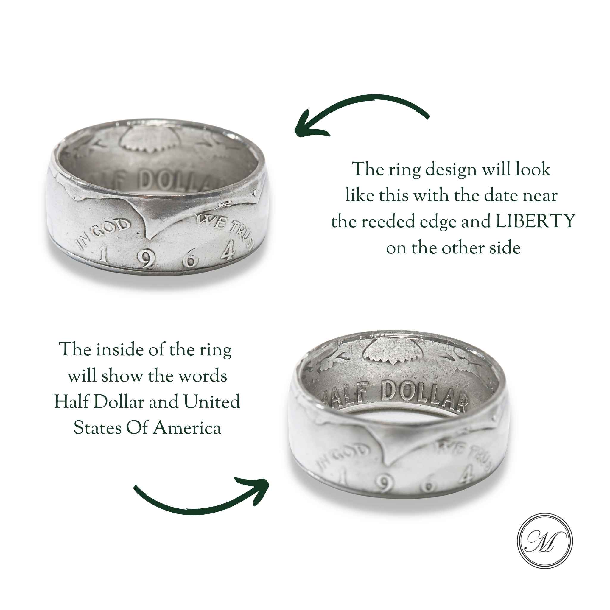 Kennedy Half Dollar 1964 Liberty Coin Ring