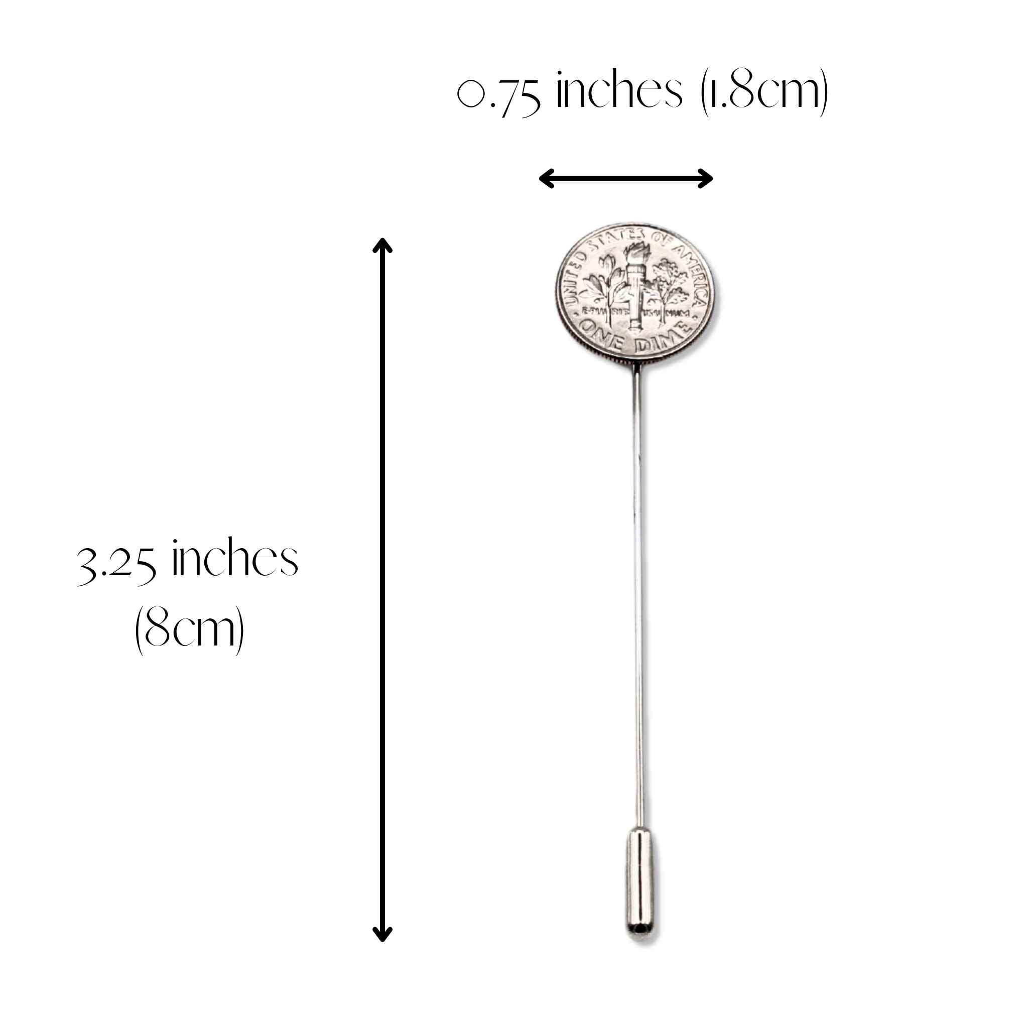 Measurement chart of a Roosevelt dime coin silver tie pin with dimensions labeled.